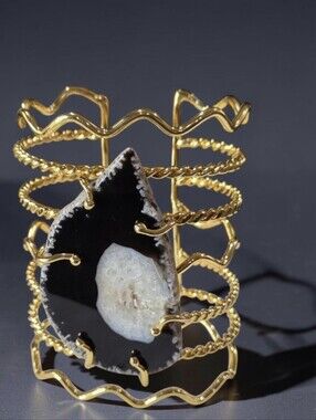 18k Gold Plated Artisan Chunky Agate Sugar Geode Slice Cuff Statement Bracelet